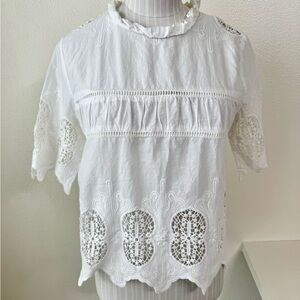 Victorian Style White Cotton Ruffle Neck Lace Embroidered Top by J.O.A Medium